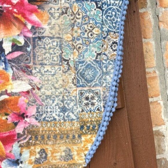 french BLUE Floral decorative top PONCHO Tie front POMPOM edging Sz S preowned - Picture 6 of 8